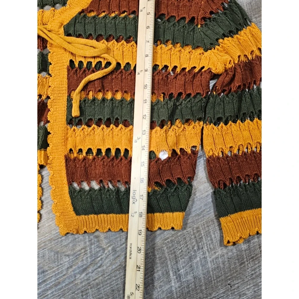 Boho Striped Open Knit Cropped Cardigan Sweater Tie Front Earth Tones Medium